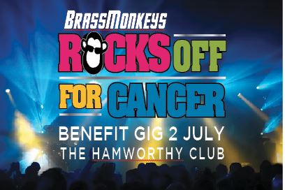 BrassMonkeys Rocks Off For Cancer is a Charity evening event of live music and entertainment held at Hamworthy Club, Magna Road, Canford Magna, Wimborne, Dorset. BH21 3AP on Saturday 2 July, 2016 - Doors open 6.30pm featuring BrassMonkeys (Band), The Blues Brothers (Duo), James Brown (Magician), Raffle and Charity Auction with proceeds to Wessex Cancer Trust (Reg. Charity No. 1110216)