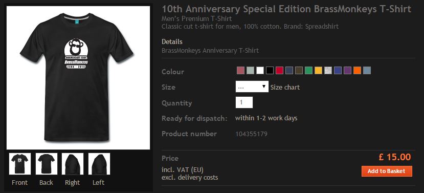 BrassMonkeys Special Edition 10th Anniversary Classic cut premium T-Shirt available to buy online.
